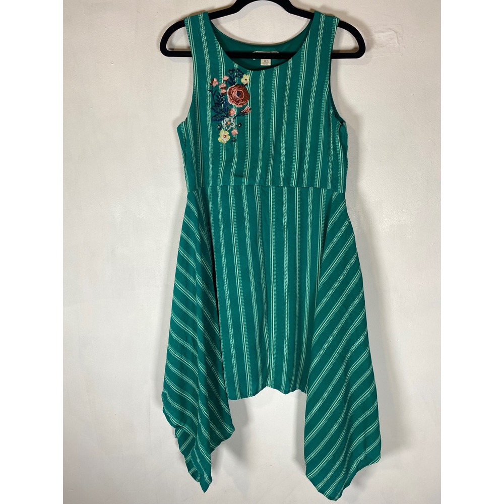 Girls Knitworks Green Embroidered Stripe Handkerchief‎ Hem Sundress 12.5